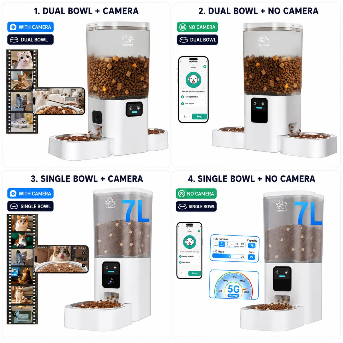 Frienhund Dual Camera Smart Pet Feeder with Optional Camera – 7L Dry Food Capacity, 1080P HD Monitoring, Night Vision, Slow Feed Mode, App Remote Control, Timed & Portion Feeding, Dual Stainless Steel Bowls for Multi-Pet Homes