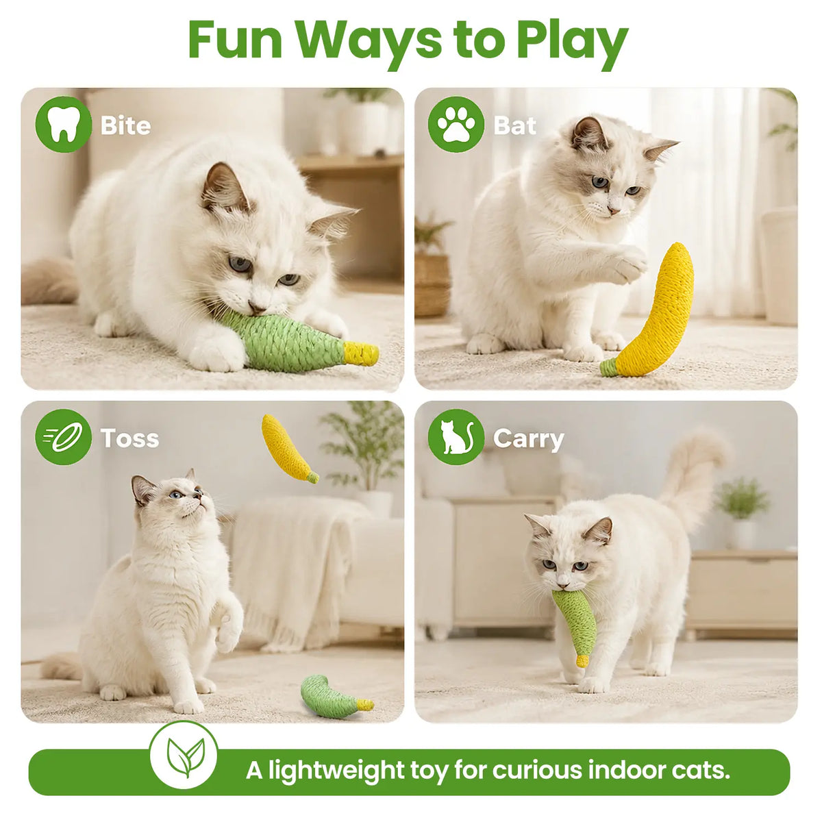 Sisal Fruit Interactive Cat Chewing Toy - 40G, Portable Banana Design, Textured for Biting and Scratching, Ideal for Indoor Play (Yellow/Green)