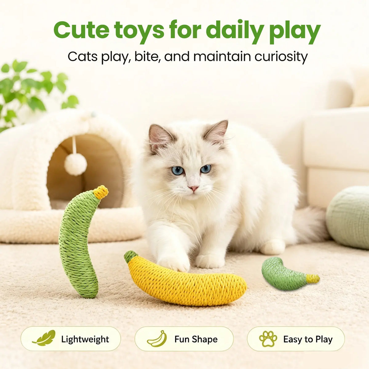 Sisal Fruit Interactive Cat Chewing Toy - 40G, Portable Banana Design, Textured for Biting and Scratching, Ideal for Indoor Play (Yellow/Green)