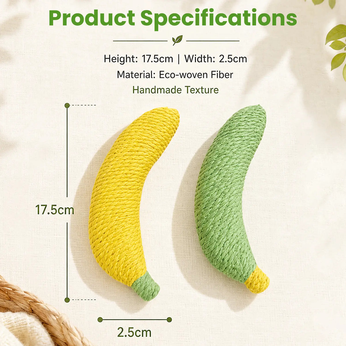 Sisal Fruit Interactive Cat Chewing Toy - 40G, Portable Banana Design, Textured for Biting and Scratching, Ideal for Indoor Play (Yellow/Green)