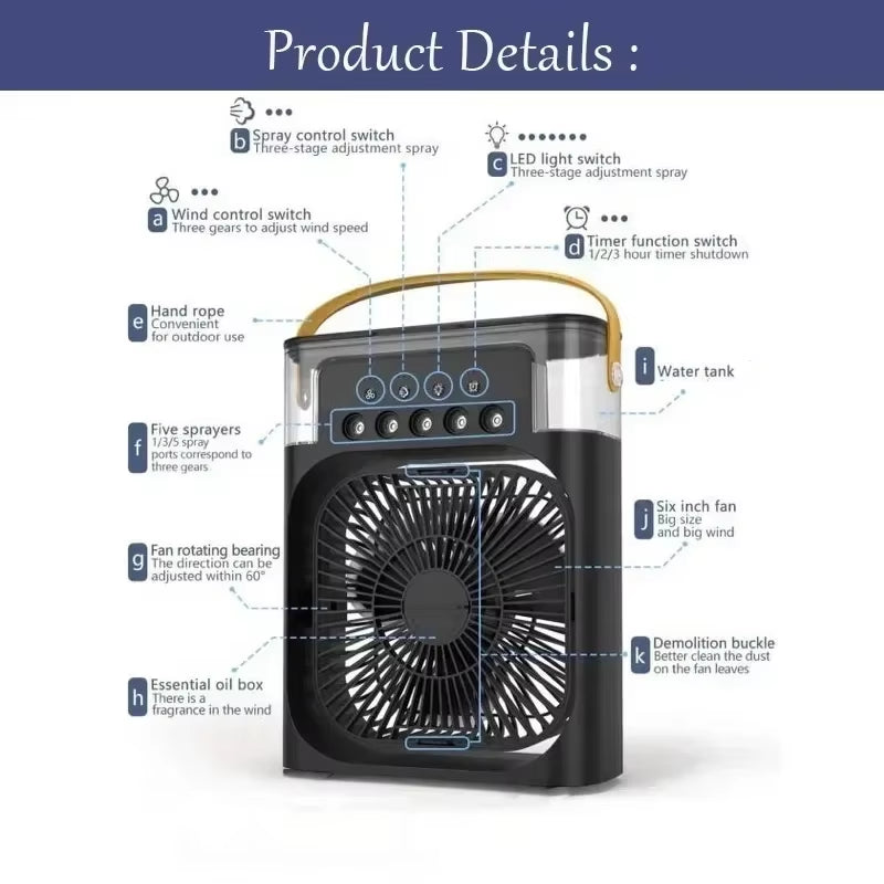 3-in-1 Portable Air Cooler with LED Night Light and Humidifier for Home and Office Use