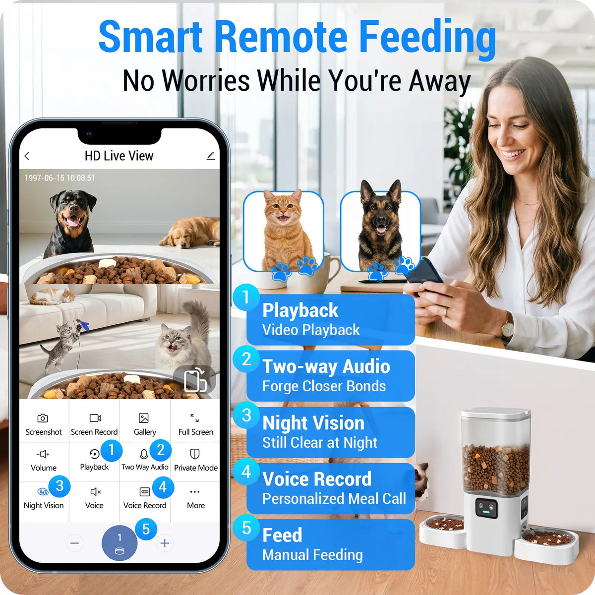 Frienhund Dual Camera Smart Pet Feeder with Optional Camera – 7L Dry Food Capacity, 1080P HD Monitoring, Night Vision, Slow Feed Mode, App Remote Control, Timed & Portion Feeding, Dual Stainless Steel Bowls for Multi-Pet Homes