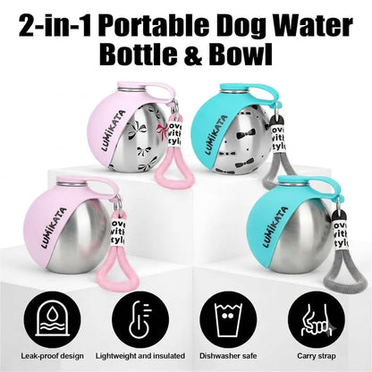 Lumikata 2-in-1 Portable Dog Water Bottle with Silicone Foldable Bowl - 10oz Stainless Steel, Leak-Proof Design for Small Dogs, Ideal for Walking and Feeding