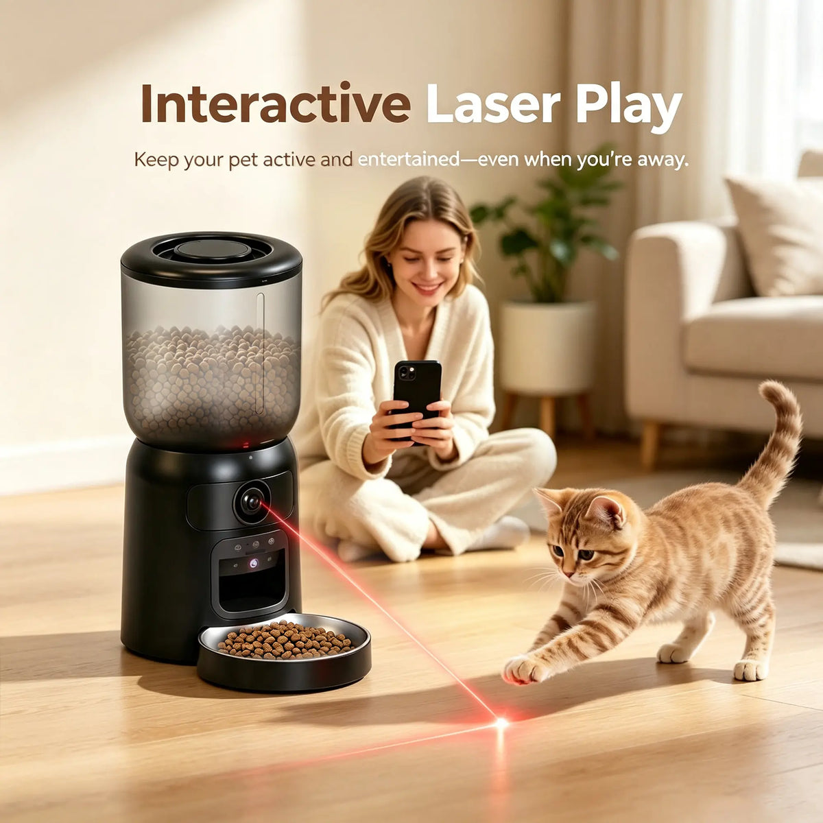 Taleboss Smart Automatic Cat Feeder with HD Camera, 5L Capacity, Laser Toy, App Control, Night Vision, Dual Band Wifi, and Two-Way Audio