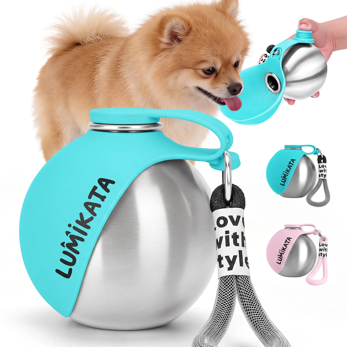 Lumikata 2-in-1 Portable Dog Water Bottle with Silicone Foldable Bowl - 10oz Stainless Steel, Leak-Proof Design for Small Dogs, Ideal for Walking and Feeding