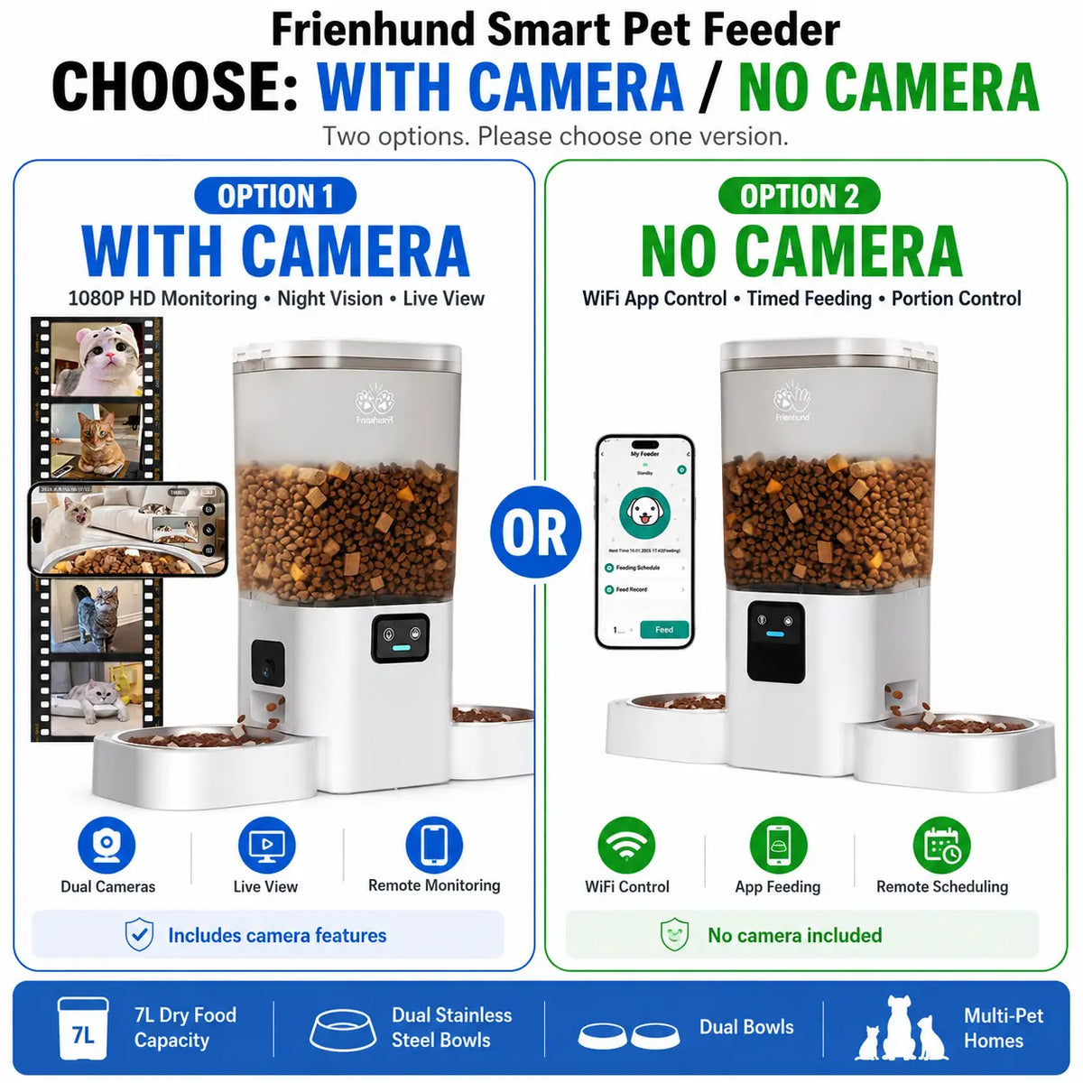 Frienhund Dual Camera Smart Pet Feeder with Optional Camera – 7L Dry Food Capacity, 1080P HD Monitoring, Night Vision, Slow Feed Mode, App Remote Control, Timed & Portion Feeding, Dual Stainless Steel Bowls for Multi-Pet Homes