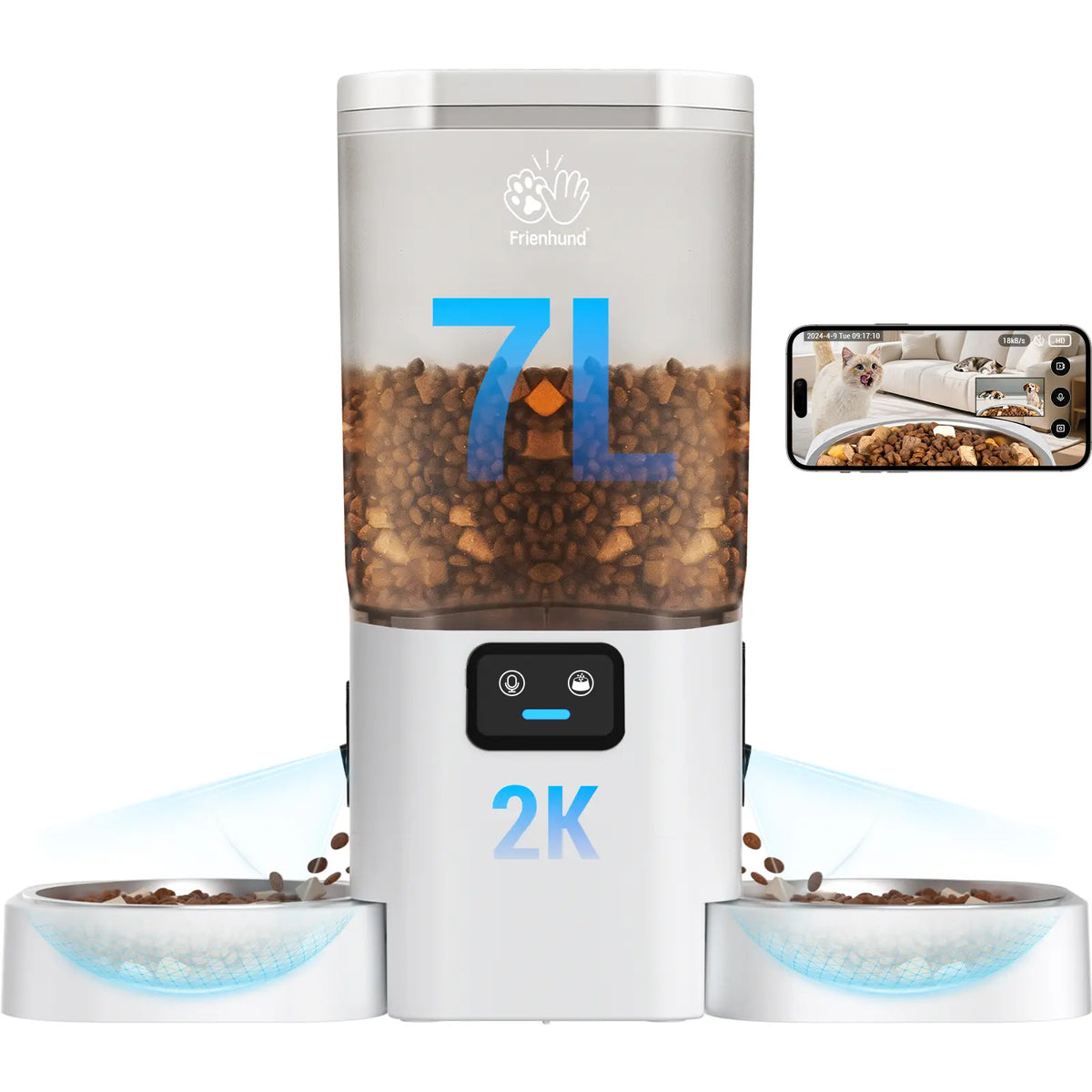 Frienhund Dual Camera Smart Pet Feeder with Optional Camera – 7L Dry Food Capacity, 1080P HD Monitoring, Night Vision, Slow Feed Mode, App Remote Control, Timed & Portion Feeding, Dual Stainless Steel Bowls for Multi-Pet Homes
