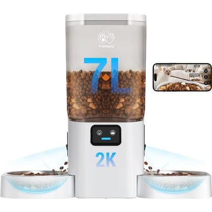 Frienhund Dual Camera Smart Pet Feeder with Optional Camera – 7L Dry Food Capacity, 1080P HD Monitoring, Night Vision, Slow Feed Mode, App Remote Control, Timed & Portion Feeding, Dual Stainless Steel Bowls for Multi-Pet Homes