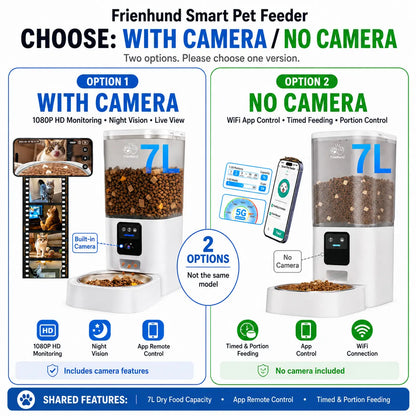 Frienhund Dual Camera Smart Pet Feeder with Optional Camera – 7L Dry Food Capacity, 1080P HD Monitoring, Night Vision, Slow Feed Mode, App Remote Control, Timed & Portion Feeding, Dual Stainless Steel Bowls for Multi-Pet Homes