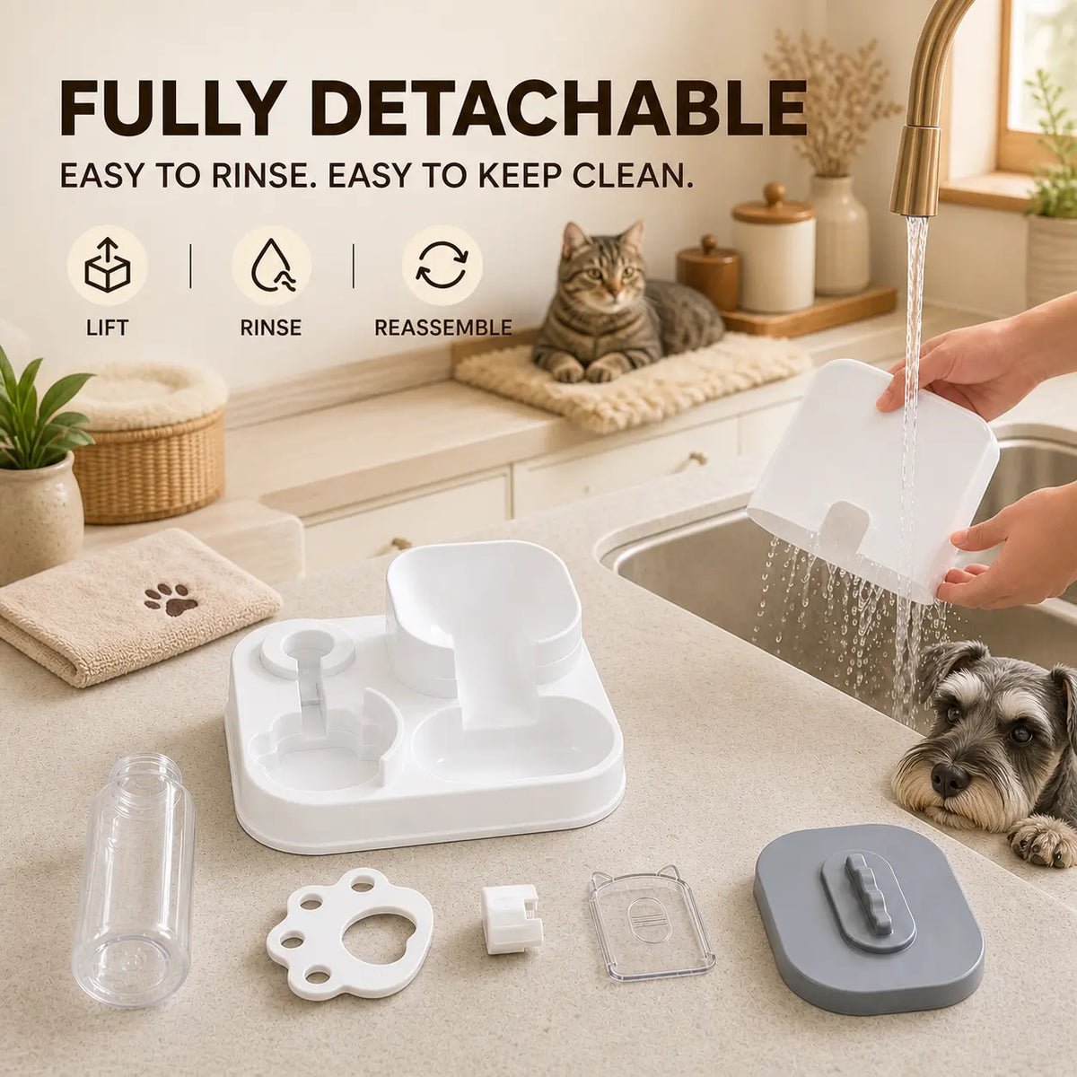 PAWSURD 2-In-1 Automatic Gravity Pet Feeder and Fresh Water Dispenser, Adjustable Food Flow, No Power Required, Perfect for Home and Short Trips, Suitable for Cats and Small Dogs