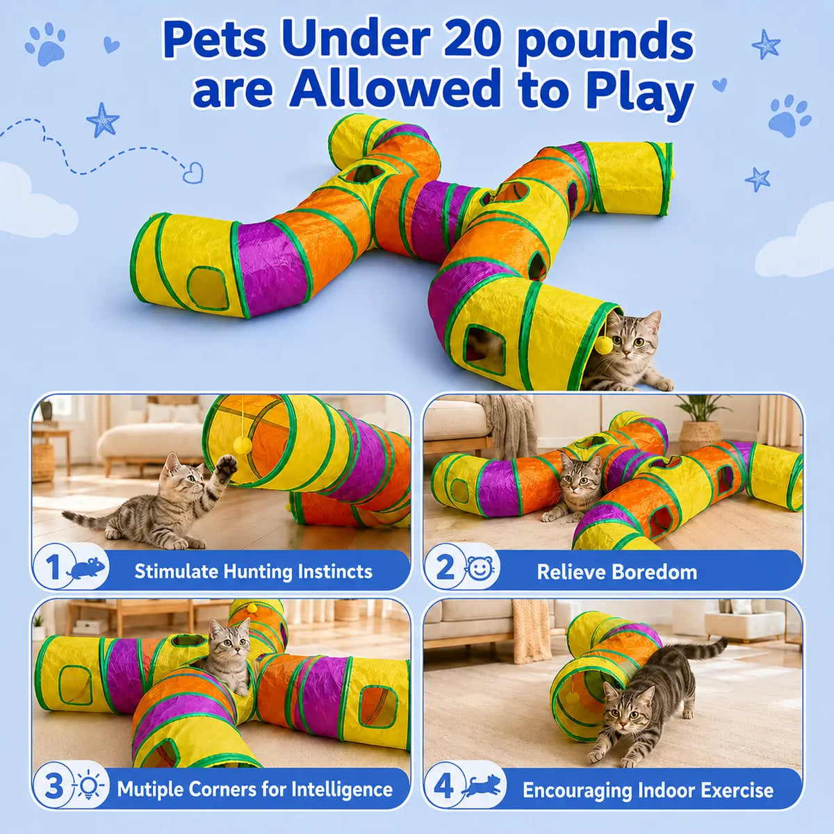 14-Way Interactive Cat Tunnel with Peek Holes and Ball - Foldable H-Shape Play Tunnel for Indoor Cats, Rabbits, Ferrets, and Small Pets
