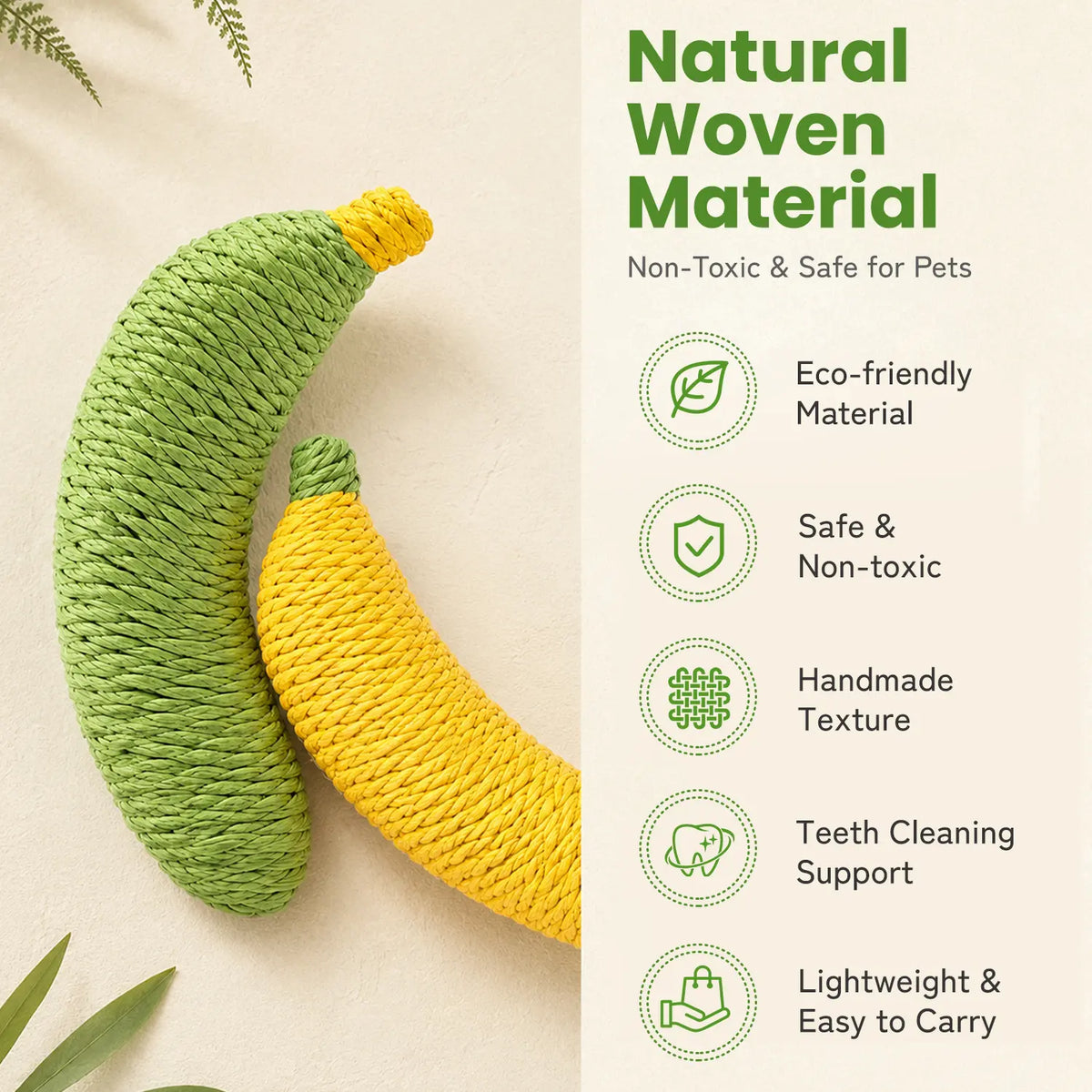 Sisal Fruit Interactive Cat Chewing Toy - 40G, Portable Banana Design, Textured for Biting and Scratching, Ideal for Indoor Play (Yellow/Green)