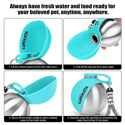 Lumikata 2-in-1 Portable Dog Water Bottle with Silicone Foldable Bowl - 10oz Stainless Steel, Leak-Proof Design for Small Dogs, Ideal for Walking and Feeding